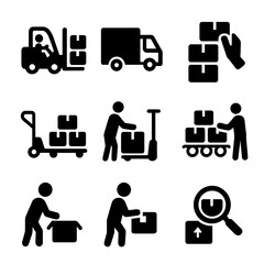 Material Handling Icons. Solid, filled icon set of material handling processes: loading, unloading, stacking, transporting,