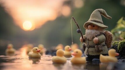 Celebrating International Gnome Day with a gnome fishing by a serene pond at sunset surrounded by playful rubber ducks