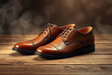 Two brown leather dress shoes laced on a wood surface against a blurred background