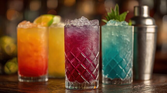 Colorful cocktails served at a lively bar during evening hours with ice and garnishes