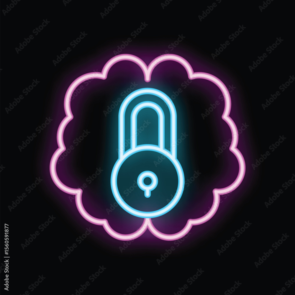 Poster glowing neon padlock is inside a brain representing the concept of cybersecurity and data protection