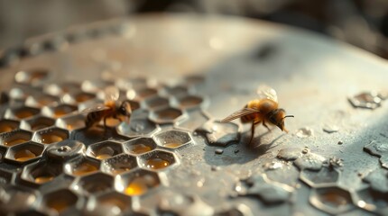 Two honeybees stand on a honeycomb filled with honey