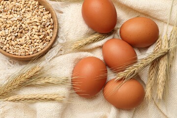 Fresh eggs, grains and spikes on light cloth, top view