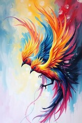Two stylized birds with vibrant feathery plumage one in blue and the other in red against a colorful painterly background