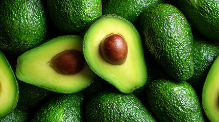 Fresh green avocados with smooth textures are displayed, one cut open revealing its seed and creamy interior.
