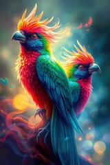 Two vibrantly colored parrots with feathered crests perch on a branch against a bokehlit backdrop