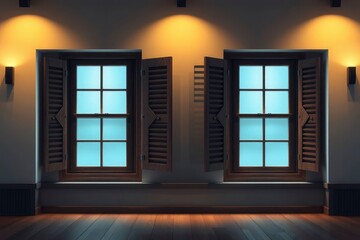 Two windows each with a grid pattern are flanked by open shutters in a softly lit room