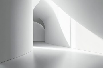 Empty, white, modern interior space with smooth curves and light