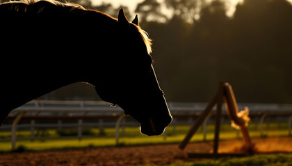 race horse on a track head shot, silhouette. White tone
