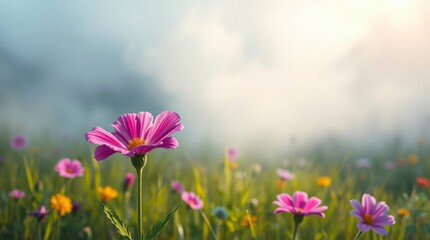 Vibrant magenta flower blooms in a lush meadow under a dreamy hazy sky
