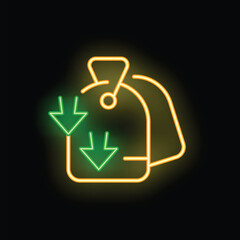 Neon sign of luggage with download arrows pointing down on it on black background, concept of luggage storage