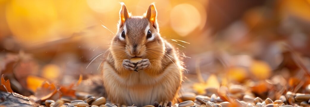 A cute chipmunk sits amidst autumn leaves, showcasing its natural curiosity and charm in the golden sunlight.