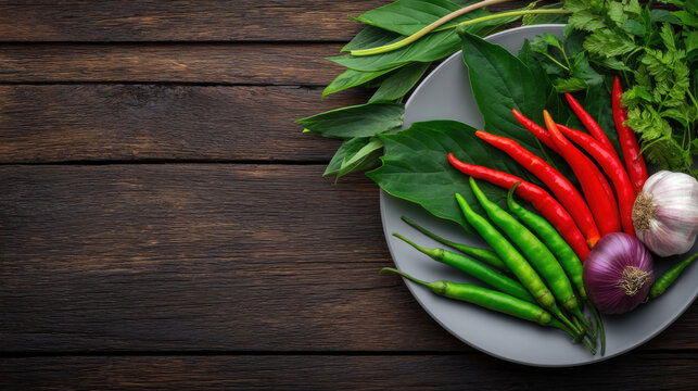 Colorful array of fresh red and green chili peppers with vibrant herbs and spices displayed on a grey plate against dark rustic wooden surface creating contrast. - Powered by Adobe