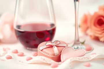 Wedding rings on a pink heartshaped box with wine glasses and pink roses in the background
