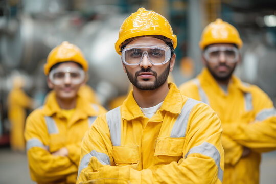 Group of Indian workers wearing uniforms and safety goggles in a chemical processing plant, industrial safety in focus, 