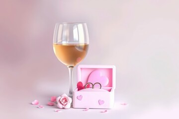 Wine glass ring box rose  petals rest on a soft light surface with a pinkwhite backdrop