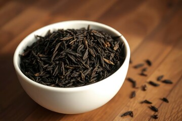 Wild rice in white bowl scattered on a wood surface