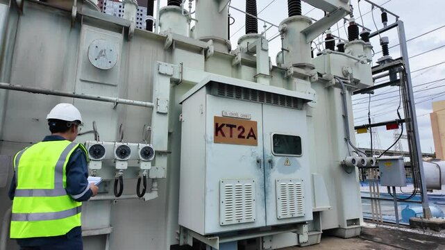 Power substation control cabinet and transformer inspected by worker wearing safety helmet and vest ensuring safety and proper function industrial outdoor environment with focused control