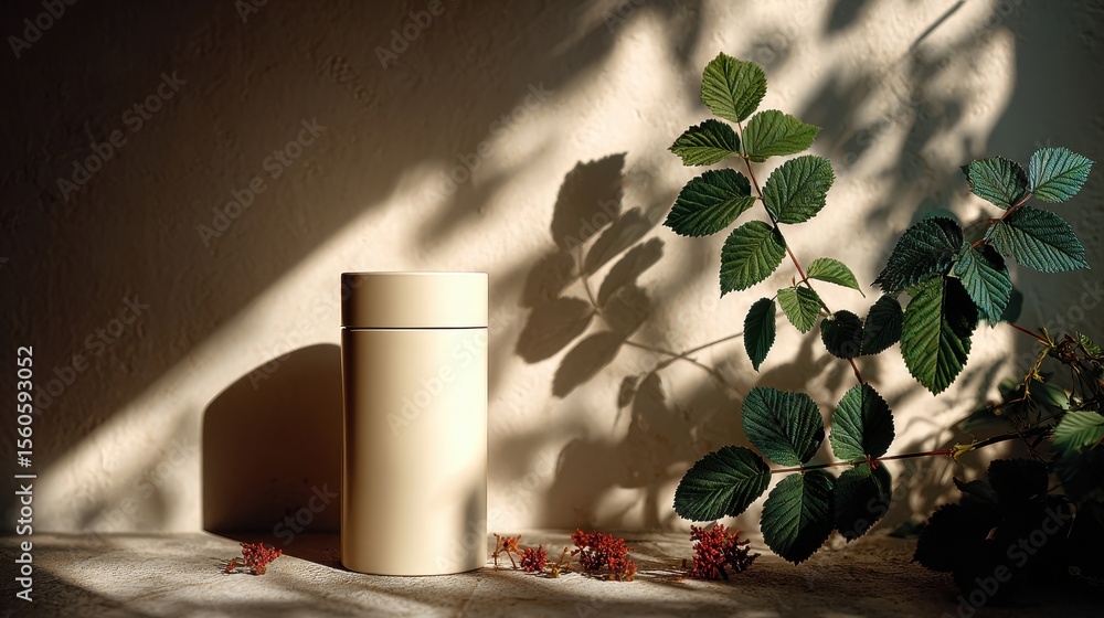 Poster rustic cylinder container with leaf, showcasing earthy tones and natural textures on a tabletop