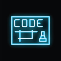 Blue neon icon of software development process with algorithm scheme and cursor on black background
