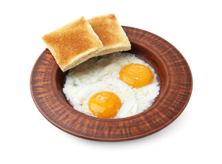 Half-boiled eggs in plate and toasted bread isolated on white. Traditional asian breakfast