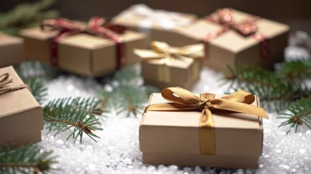 Several brown gift boxes are arranged on top of a bed of white glitter surrounded by pine branches