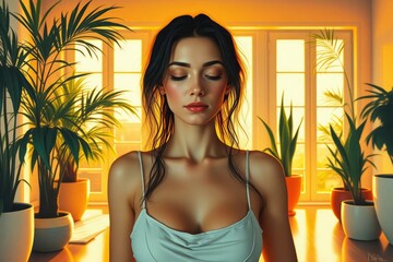 Woman with closed eyes in a bright room with plants near a window