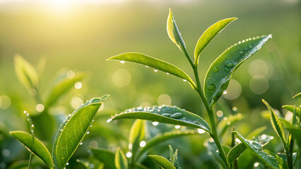 Refreshing Tea Leaves Adorned with Sparkling Dew Drops, Illuminated by the Warm Glow of the Rising Sun in Lush Greenery