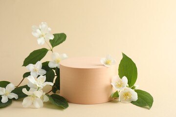 Beautiful jasmine flowers with leaves on beige background. Space for text