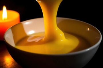 Yellow liquid pours into a white bowl illuminated by a candle on the side set against a dark background