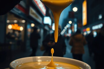 Yellow liquid drips into a bowl set against an urban street scene with blurred pedestrians and shopfronts