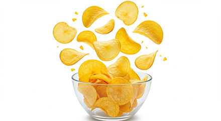 Potato chips falling into glass bowl isolated on white background with clipping path.AI generated