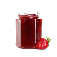 Tasty strawberry jam in jar and fresh berry isolated on white
