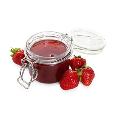Tasty strawberry jam in jar and fresh berries isolated on white