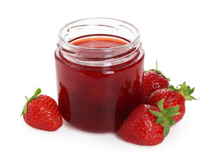 Tasty strawberry jam in jar and fresh berries isolated on white