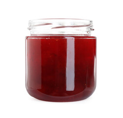 Tasty strawberry jam in open jar isolated on white