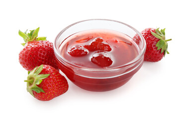 Tasty strawberry jam in bowl and fresh berries isolated on white