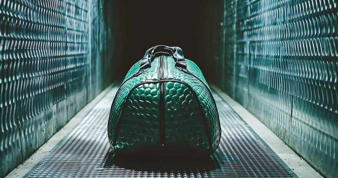 A stylish green travel bag sits alone in a dimly lit metallic corridor.