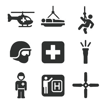 Medevac Operations Icons. Solid, filled icon set of helicopter medevac operations: medevac chopper, stretcher lift, winch system,
