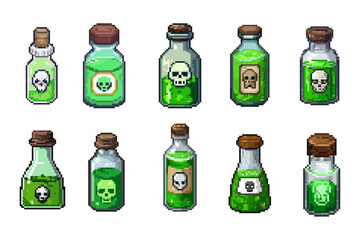 Pixel Art Poison Potion Bottles Collection, green Skull Fantasy Dungeon Game Items. Pixel art poison potion bottles, primarily in vibrant green hues, adorned with skull and toxic warning labels