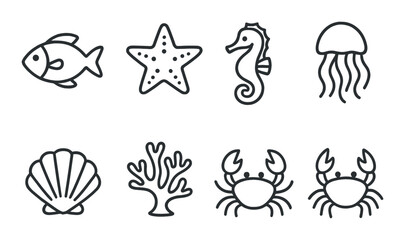Fototapeta premium Sea life icons set – linear, marine and ocean simple design symbols