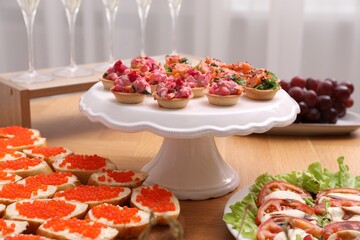 Buffet menu. Many different appetizers on table, closeup