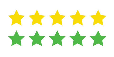 Flat 5 Star Rating Icons . Green and yellow review star icons . Modern Stars Set Isolated on White Background