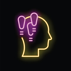 Neon sign illustrating the process of generating innovative ideas, symbolized by glowing light bulbs emerging from a human head