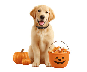 Happy golden retriever celebrates Halloween with a pumpkin bucket of treats!