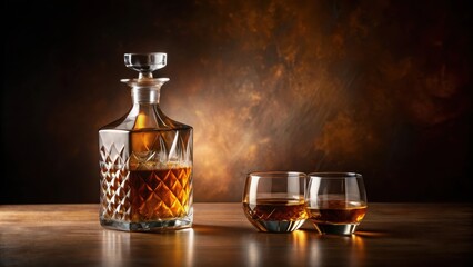 Decanter of amber liquid and two glasses on a wooden surface against a dark textured background, suggesting a moment of quiet reflection and enjoyment