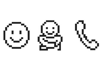 Pixel art emojis: smiley face, baby, telephone vector icon isolated illustration
