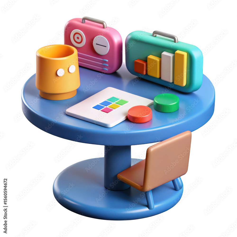 Fototapete 3d desk setup with colorful objects isolated on transparent background