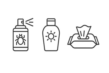 Vector icon set of insect repellent, sunscreen, and wet wipes vector icon isolated illustration