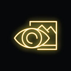 Obraz premium Yellow neon icon of an eye watching an image displaying mountains on a black background